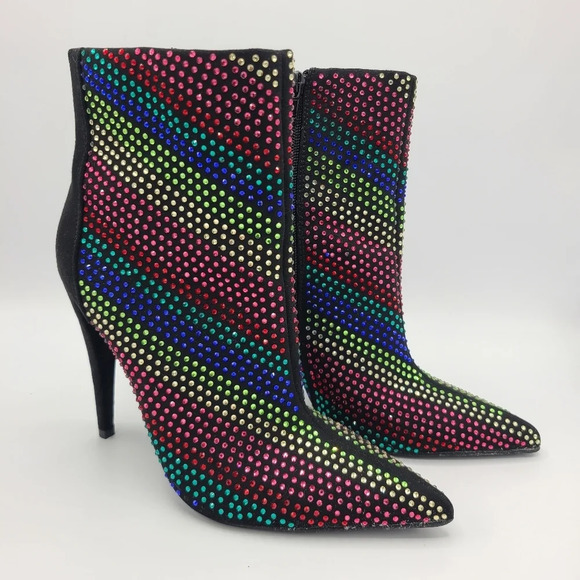 JustFab Black Rainbow Rhinestone Embellished Pointed Toe Stiletto Boots 8 - Picture 1 of 16